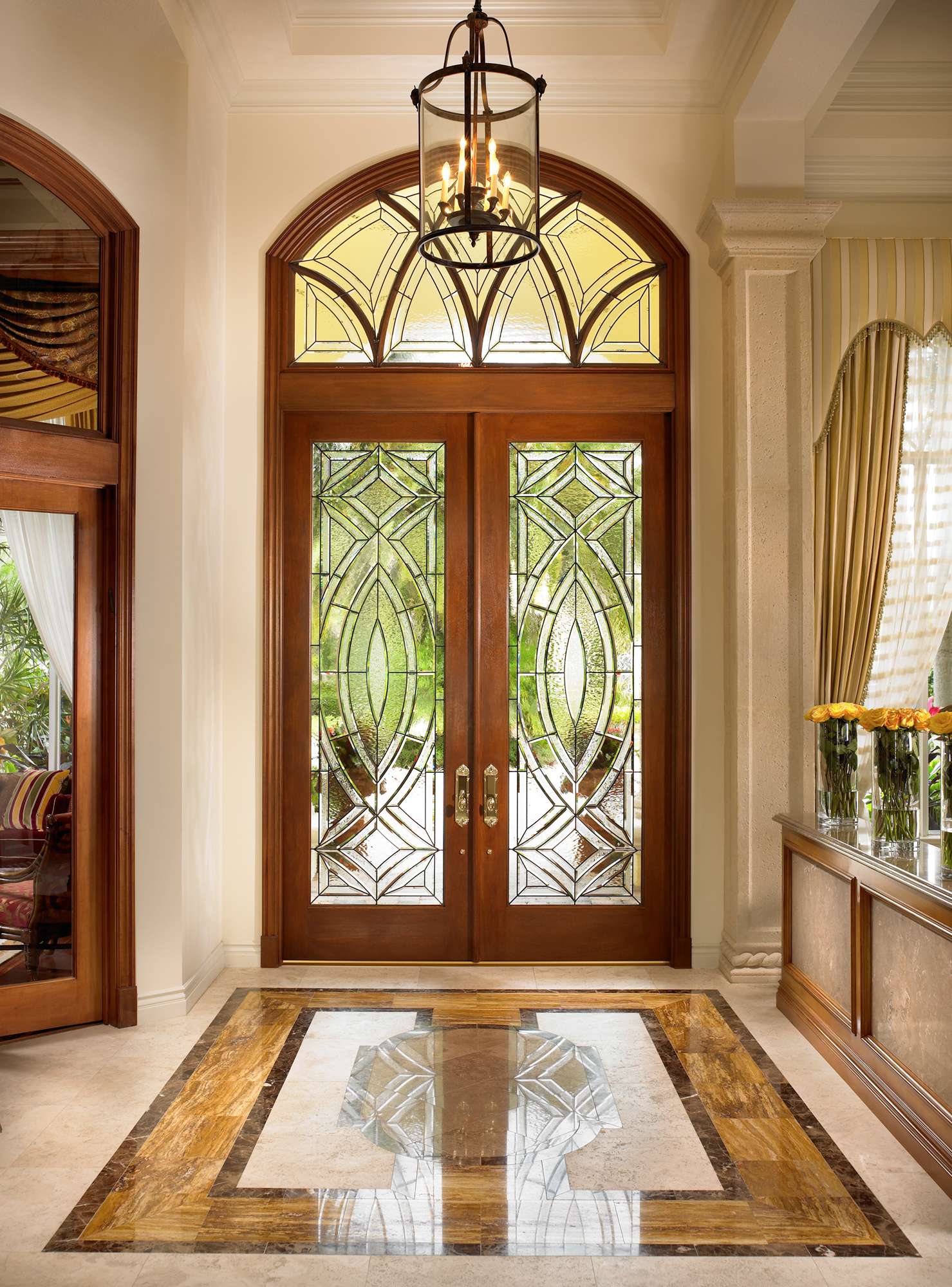 Entryway with clear, clear beveled, and clear textured glass in a Contemporary style.