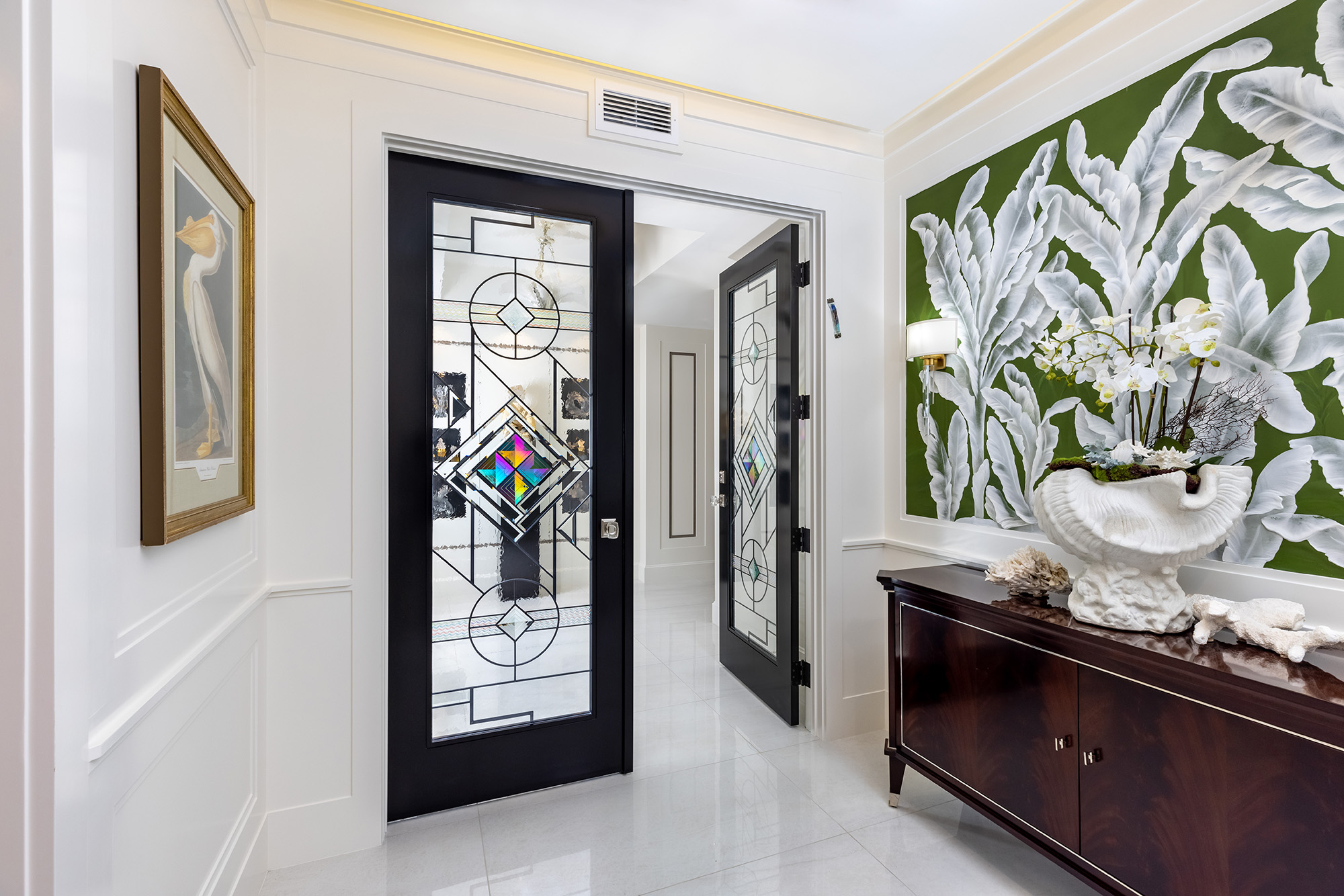 Contemporary style entryway with Dichroic Bevels and clear glass.