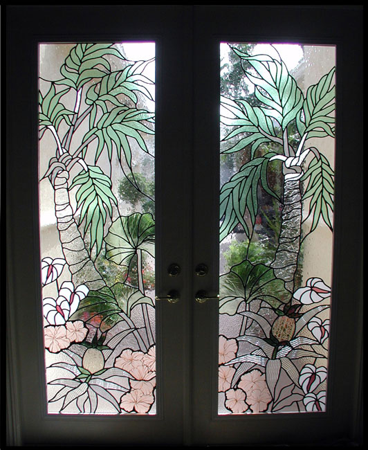 Entryway of palm trees and nature in green, white, pink, beige, and clear textured glass in a Contemporary style.